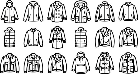 Set of various jacket and coat icons, including parka, hoodie, denim jacket, leather jacket, trench coat, and vest, vector illustration © Mst