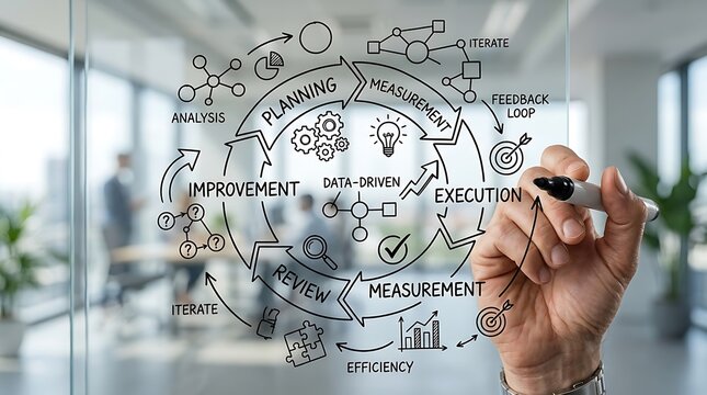 Business professional drawing a complex project management cycle diagram on a glass wall in modern office.