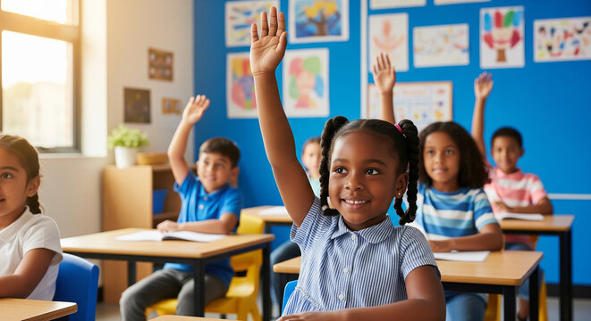 Cheerful young black student raising hand high in diverse classroom setting perfect for interactive primary education and academic excellence