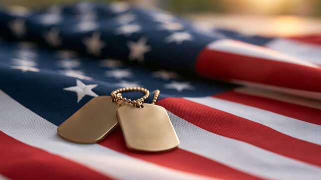 Close up of dog tags lying on a folded military flag inside a shadow box, grief keepsake, fallen soldier memorial display, wartime loss tribute, veteran family heirloom, military