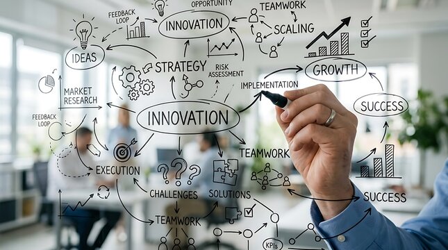Business professional drawing a complex innovation and growth strategy diagram on a glass wall in office.