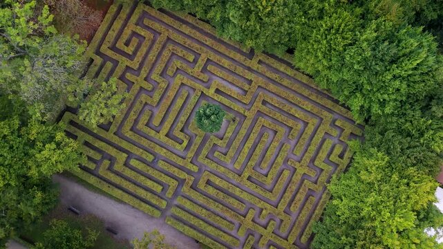Wroclaw, Poland. Aerial view of green Labyrinth in Brochowski Park 