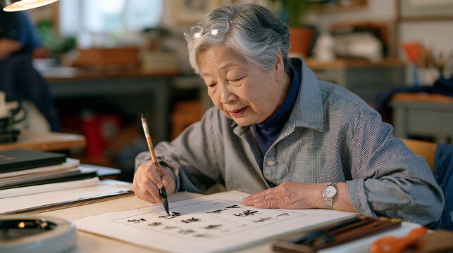 Senior calligrapher flagging an ink inconsistency on a finished manuscript page in a busy urban print studio, reading glasses pushed up on her forehead during close examination,