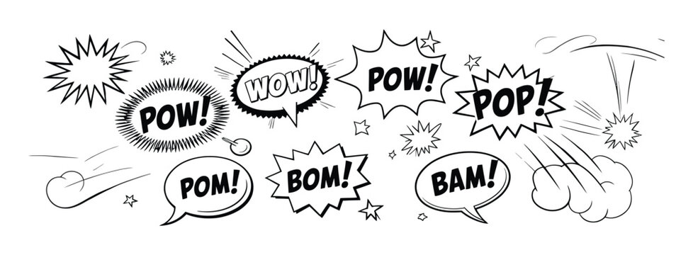 Comic cartoon line splash icon set, hand drawn burst effects with cartoon boom wow icons, explosive speech bubble, action motion elements, vector illustration