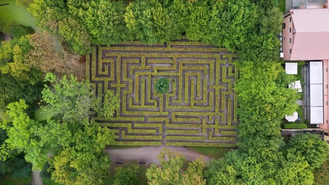 Wroclaw, Poland. Aerial view of green Labyrinth in Brochowski Park 