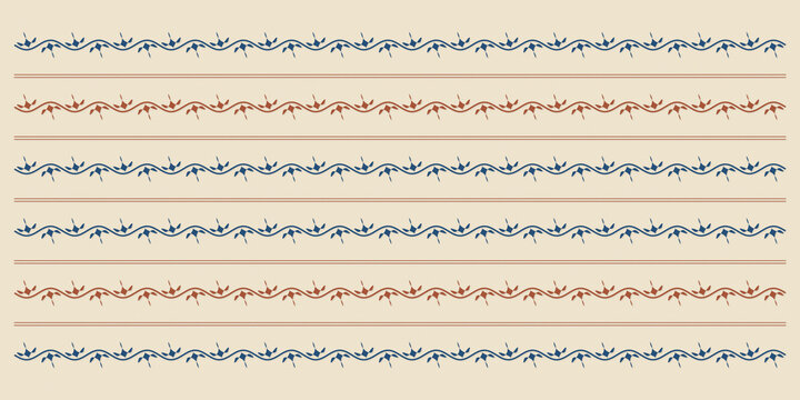 Rows of delicate botanical motifs alternate in muted blue and red across a warm neutral surface, offering a versatile vintage-inspired texture for textiles, paper, and branding.