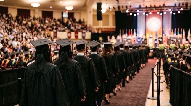University graduates in caps and gowns walking toward the stage during a crowded commencement ceremony