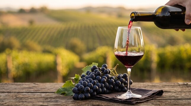 Red wine pouring into an elegant glass beside ripe grapes overlooking a sunlit vineyard at golden hour