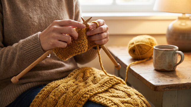Close-up of hands knitting a warm yellow woolen scarf.
