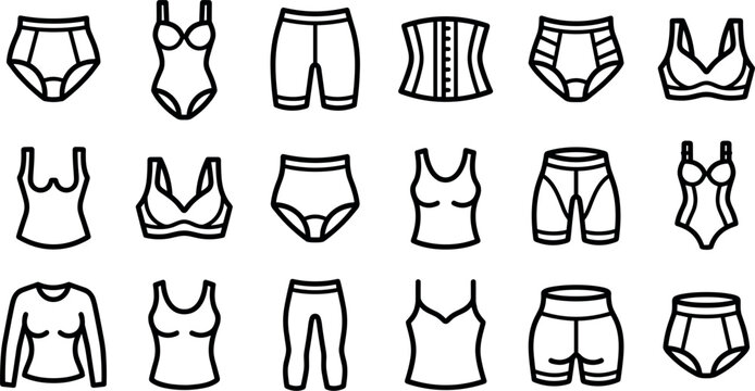 Set of shapewear and lingerie icons, including bras, panties, bodysuits, and undergarments for body shaping and support