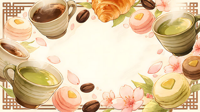 コーヒーと和菓子のモチーフ、和モダンで上品な質感、カフェ広告向け横長イラスト