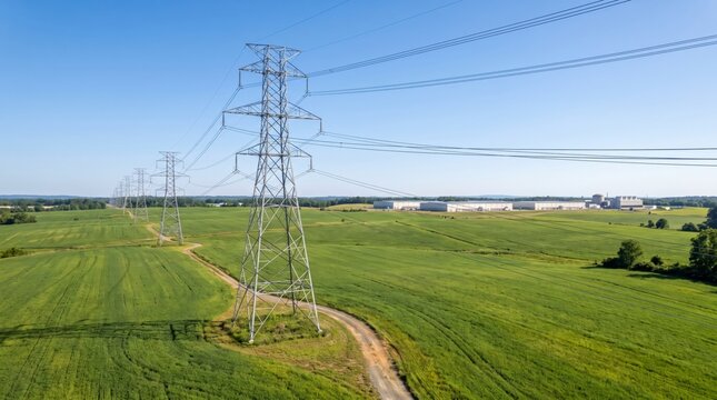 Transmission towers carrying power from a small modular reactor to a data centre