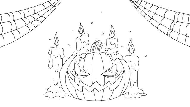 Hand Drawn Pumpkin with Spider Web Outline Illustration