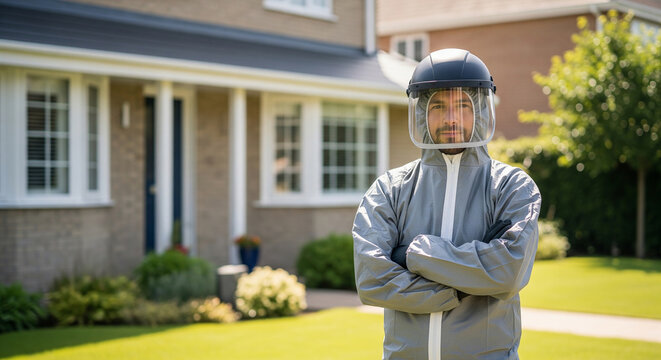 Expert sanitization worker in heavy hazmat gear posing confidently near domestic property perfect for effective neighborhood pest control solutions