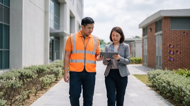 Utility engineer and data centre facilities manager reviewing a nuclear energy site map