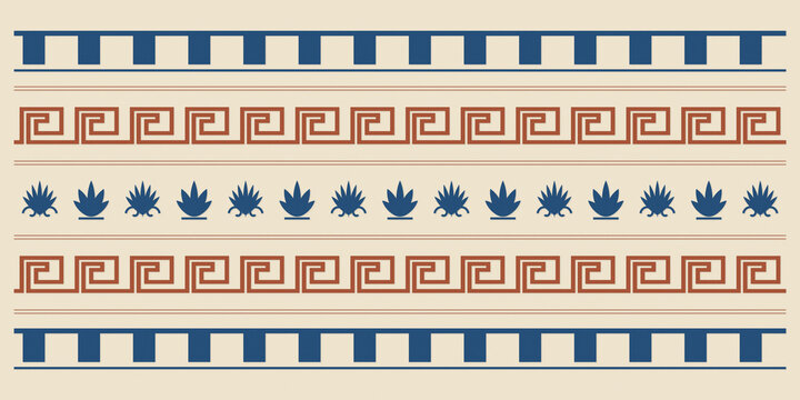 A cream decorative panel combines blue stepped bands, terracotta Greek key lines, and alternating classical motifs, offering a refined heritage look for borders and textiles.