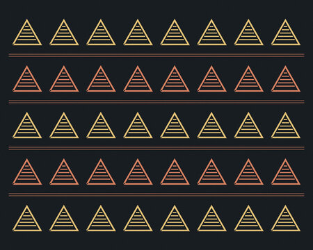 Rows of outlined triangles filled with horizontal stripes alternate in golden yellow and coral on a deep charcoal ground, creating a playful retro geometric surface.