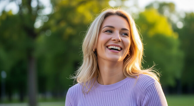 Gorgeous blonde female looking joyfully away standing in beautiful sunny park perfect for healthy outdoor recreation and peaceful personal wellbeing