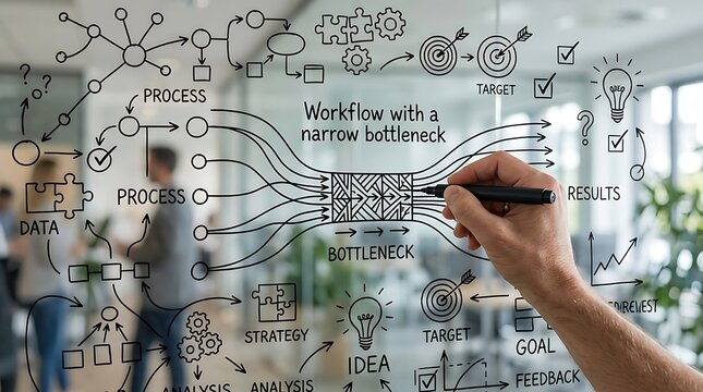 Business professional drawing a workflow diagram with a narrow bottleneck on a glass board.