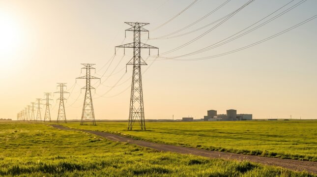 Transmission towers carrying power from a nuclear reactor facility