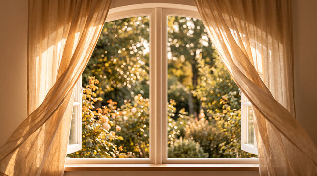 Sunlight streaming through open window with blowing curtains perfect for warm professional interior design and peaceful morning nature concepts