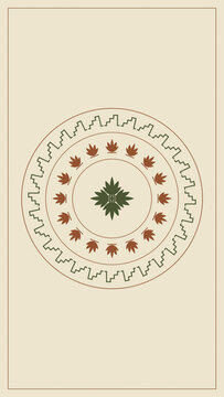 A centered botanical mandala features layered rust leaves, green geometric edging, and generous cream space, creating a calm ornamental composition for editorial and stationery use.
