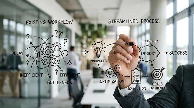 Business professional drawing a workflow optimization diagram on a glass wall in modern office.