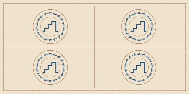 Four matching circular botanical symbols sit in a balanced cream quadrants layout, combining blue stepped geometry with delicate repeating marks for a refined traditional design.