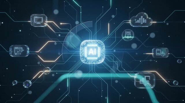 Cinematic abstract visualization of an intelligent AI agent coordinating connected digital workflows. Luminous computational nodes, translucent data structures, and flowing energy pathways represent a