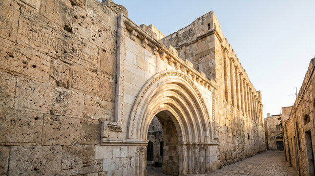 Side profile of entrance to Haram al-Khalil Ibrahimi Mosque in old city of Hebron, large arched doorway