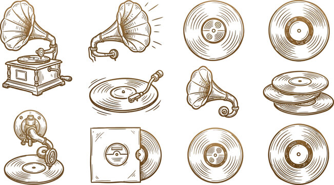 Vintage gramophone player with vinyl records collection for classic music designs.