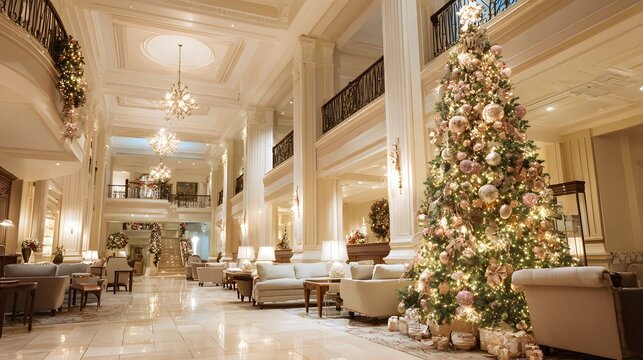 Elegant luxury hotel lobby decorated for Christmas with a grand illuminated pine tree centerpiece
