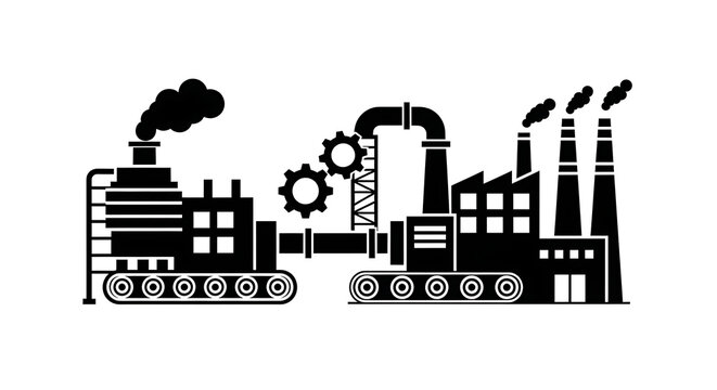 Black silhouette of an industrial factory complex with smoking chimneys and mechanical gears