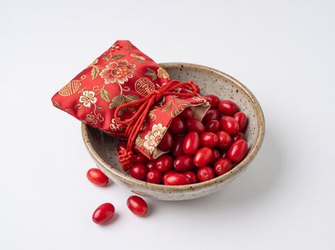 Cornus officinalis berries in a ceramic bowl with a red embroidered pouch