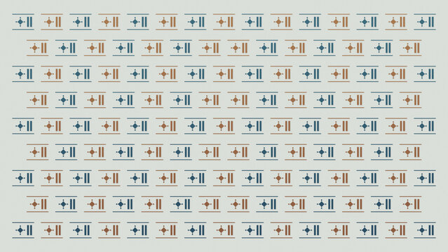 A seamless arrangement of blue and brown geometric emblems on a soft gray field, offering a balanced retro aesthetic for fabric, wallpaper, stationery, and branding.
