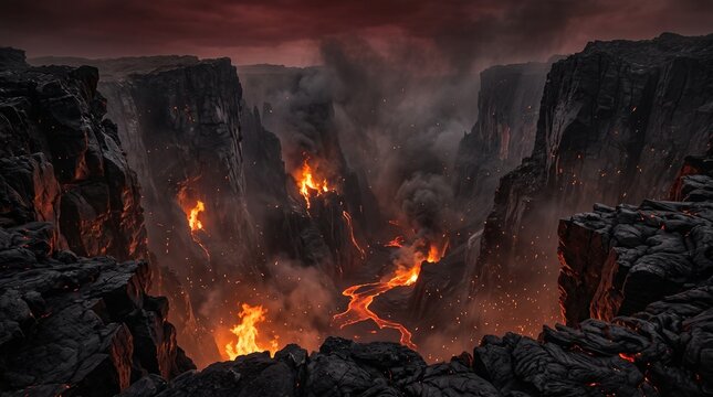 Fiery Hellscape with Lava and Volcanic Mountains