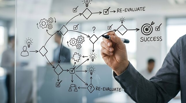 Business professional drawing a complex workflow process diagram on a glass wall in the office.