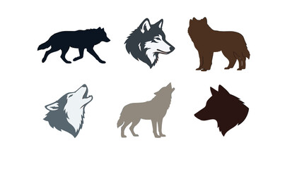 Obraz premium Wolf silhouette and head set with howling wild predators icons isolated on white background vector illustration