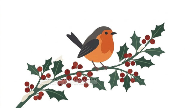 Cute robin bird perched on a snowy holly branch
