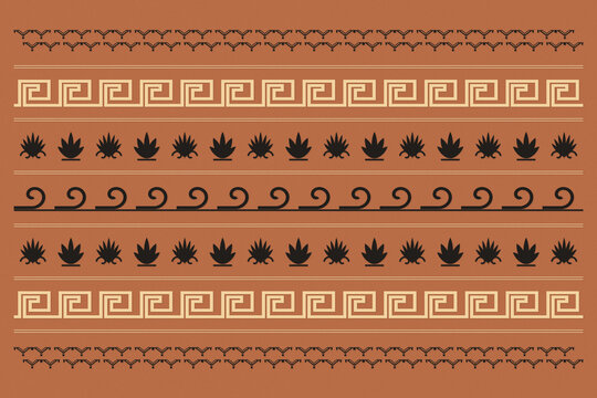 Seamless decorative design featuring repeating Greek key lines, botanical silhouettes, and scroll details in earthy terracotta, charcoal, and cream for elegant textile or wallpaper use.