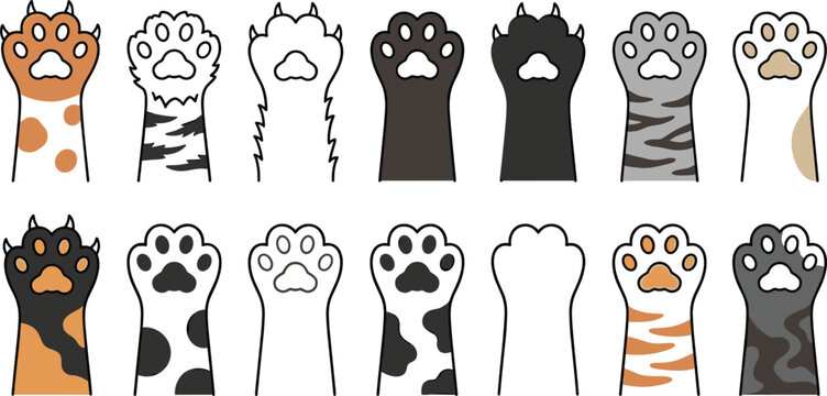 Cute cartoon cat paw vector collection bundle featuring different feline breeds fur patterns isolated on white background