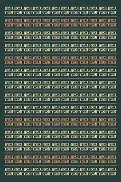 Rows of repeating Greek key lines create a structured geometric backdrop in muted beige, terracotta, and dark green, suited to architectural, textile, and editorial design.