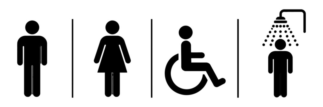 Restroom sign icons set, black bathroom symbols for male female and disabled access, public shower wayfinding vector