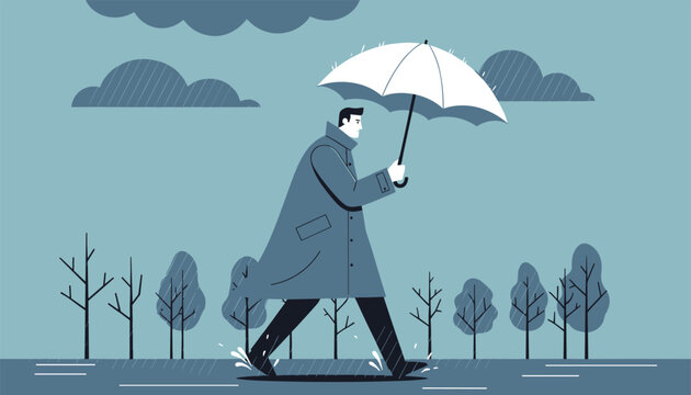 Mid adult businessman wearing a long trench coat walks in the rain under a white umbrella during autumn.