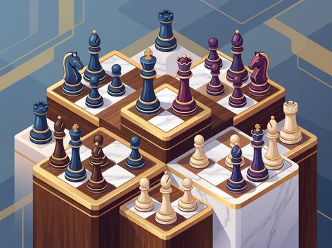 Vector image of a royal chess on a three-dimensional chess field. Concept. Imitation 3 d.
