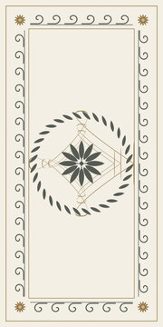 A refined vertical frame combines curled borders, leafy wreaths, and a delicate central flower on a cream ground, creating a sophisticated template for editorial and event design.