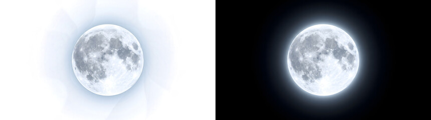 Bright full moon glowing sphere with detailed cratered surface and soft blue halo for space design in PNG, Transparent and Black Background Versions © Tanay