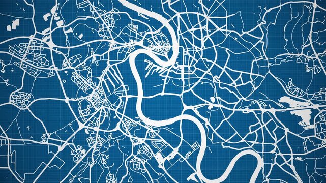 Ink reveal animation of D&uuml;sseldorf (D&uuml;sseld&ouml;rp) city, state of North Rhine-Westphalia, Germany, grid map. Aerial top view. Blueprint style. White lines with blue background. 4K Seamless loop.