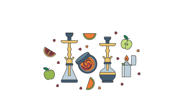 Hookah accessories set with smoking pipes, tobacco jar, apple, orange slices, and lighter on white.