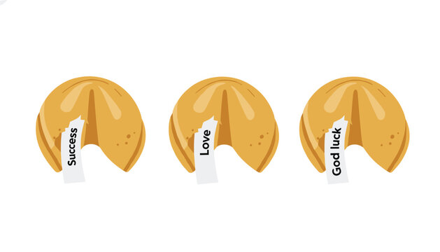 Three traditional fortune cookies presenting motivational messages of success, love, and good luck on white.